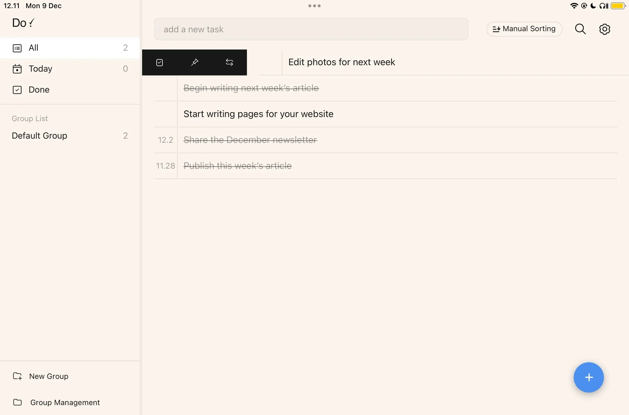 Giao diện Do! App hiển thị thao tác vuốt để ghim công việc quan trọng
