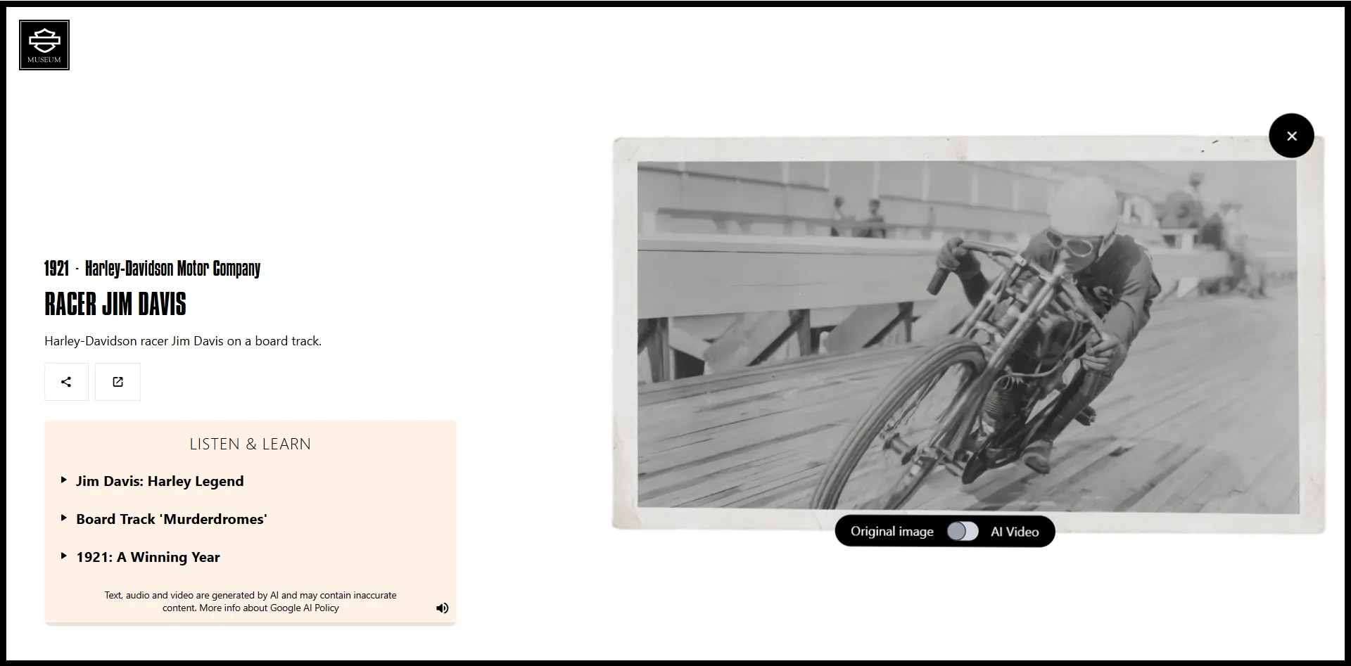 Giao diện dự án Moving Archives: Google Arts & Culture và Harley-Davidson ứng dụng AI Veo vào ảnh lịch sử