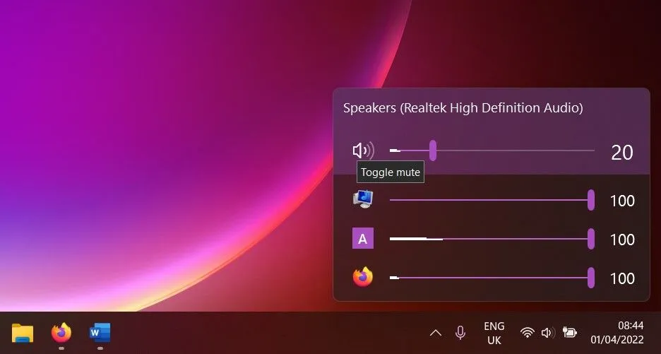 Giao diện EarTrumpet hiển thị bộ trộn âm lượng từng ứng dụng trên Windows 11 từ khay hệ thống