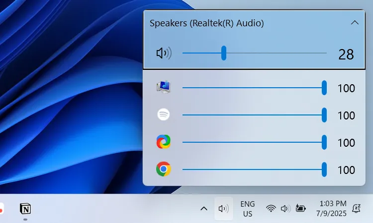 Giao diện EarTrumpet trên Windows 11 hiển thị các thanh điều chỉnh âm lượng riêng biệt cho từng ứng dụng.