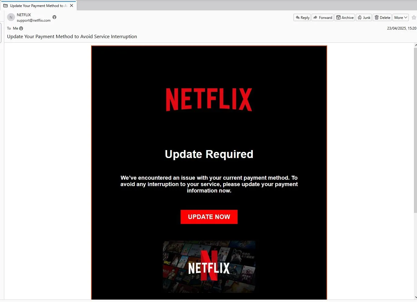 Giao diện email lừa đảo Netflix giả mạo yêu cầu cập nhật phương thức thanh toán để tránh gián đoạn dịch vụ.