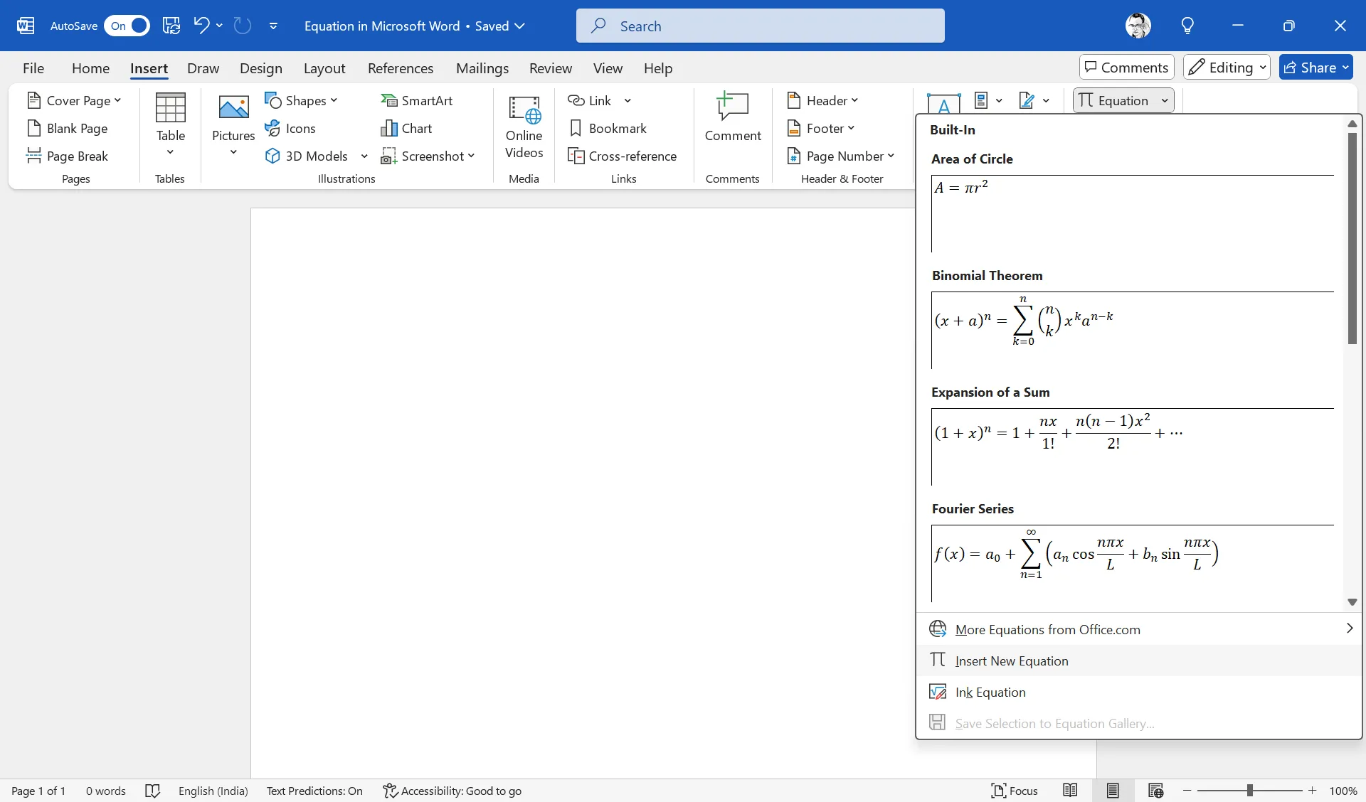 Giao diện Equation Editor trong Word với các tùy chọn chèn và thanh công cụ Symbols