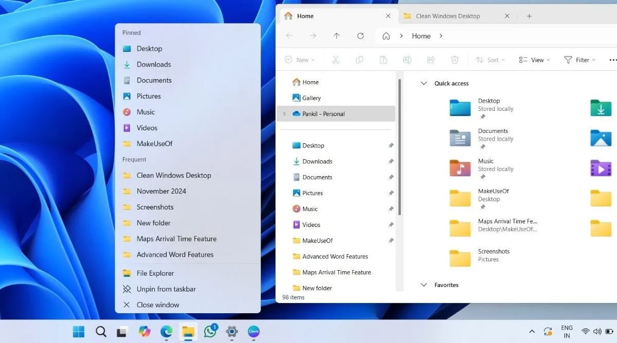 Giao diện File Explorer mở với các thư mục được ghim trong Quick Access và Jump List của Taskbar trên Windows