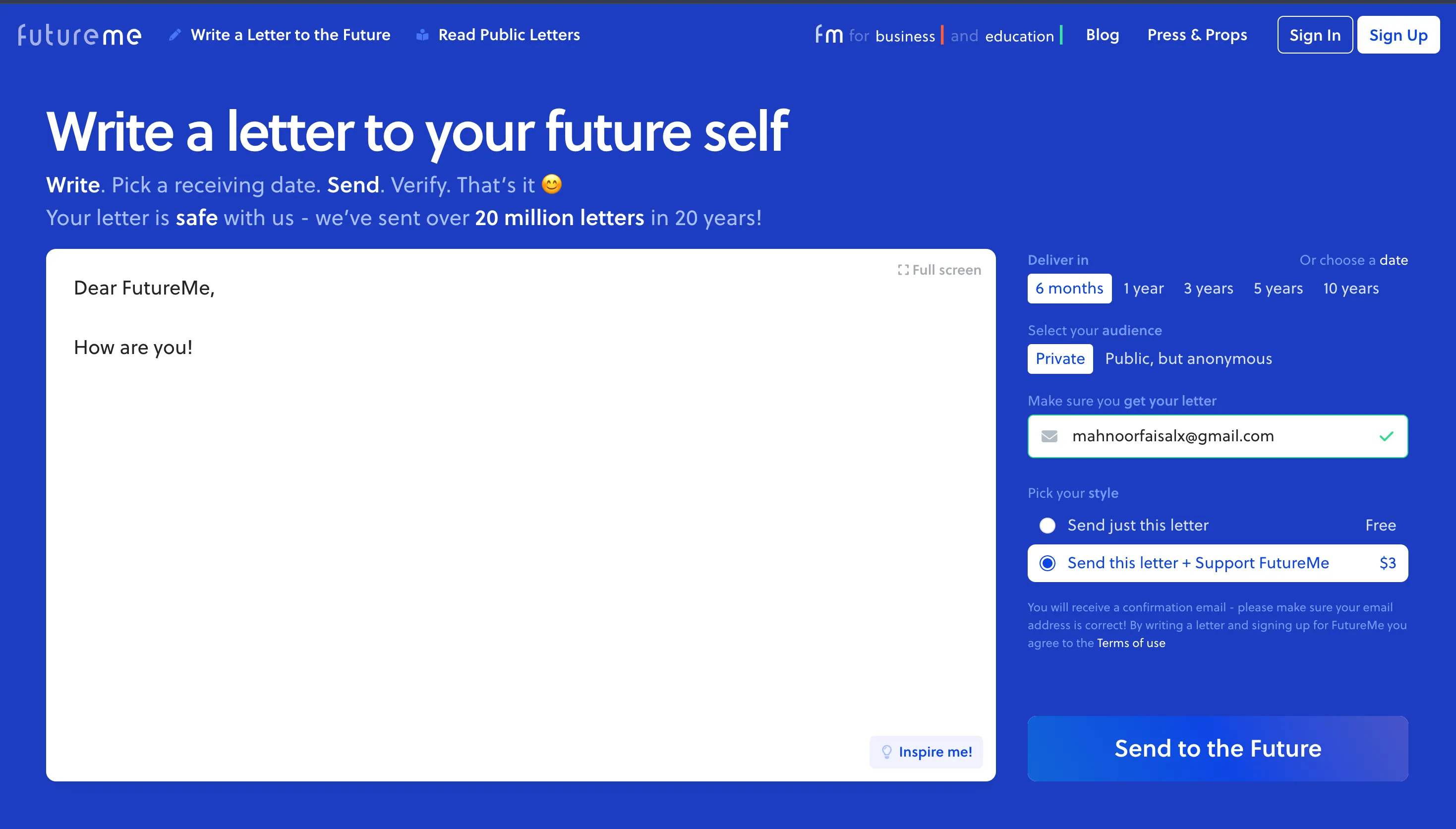 Giao diện FutureMe cho phép người dùng viết thư và tùy chỉnh thời gian gửi tới tương lai.