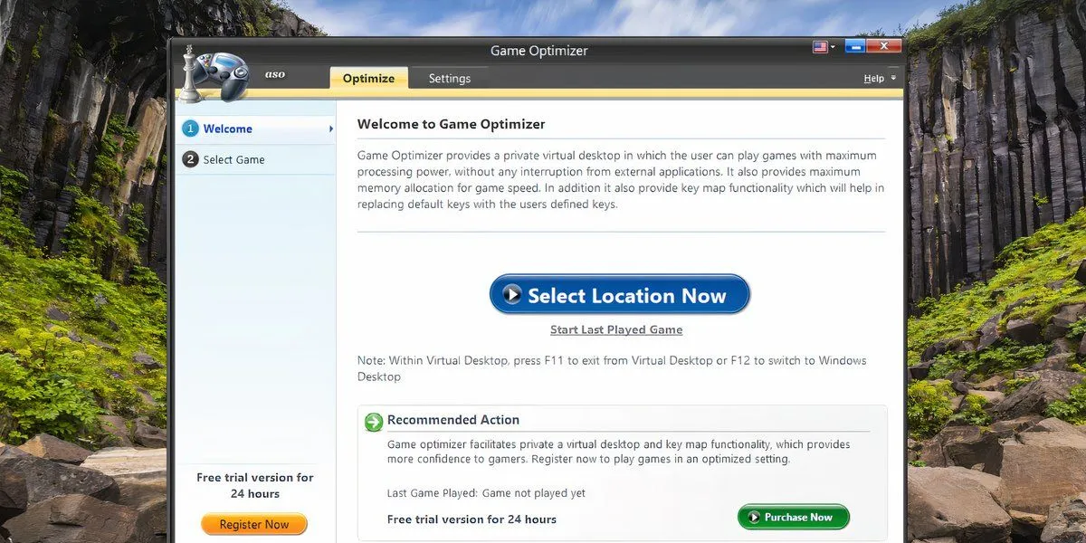 Giao diện Game Optimizer của Advanced System Optimizer trên Windows 11, với tùy chọn tối ưu hóa trò chơi.