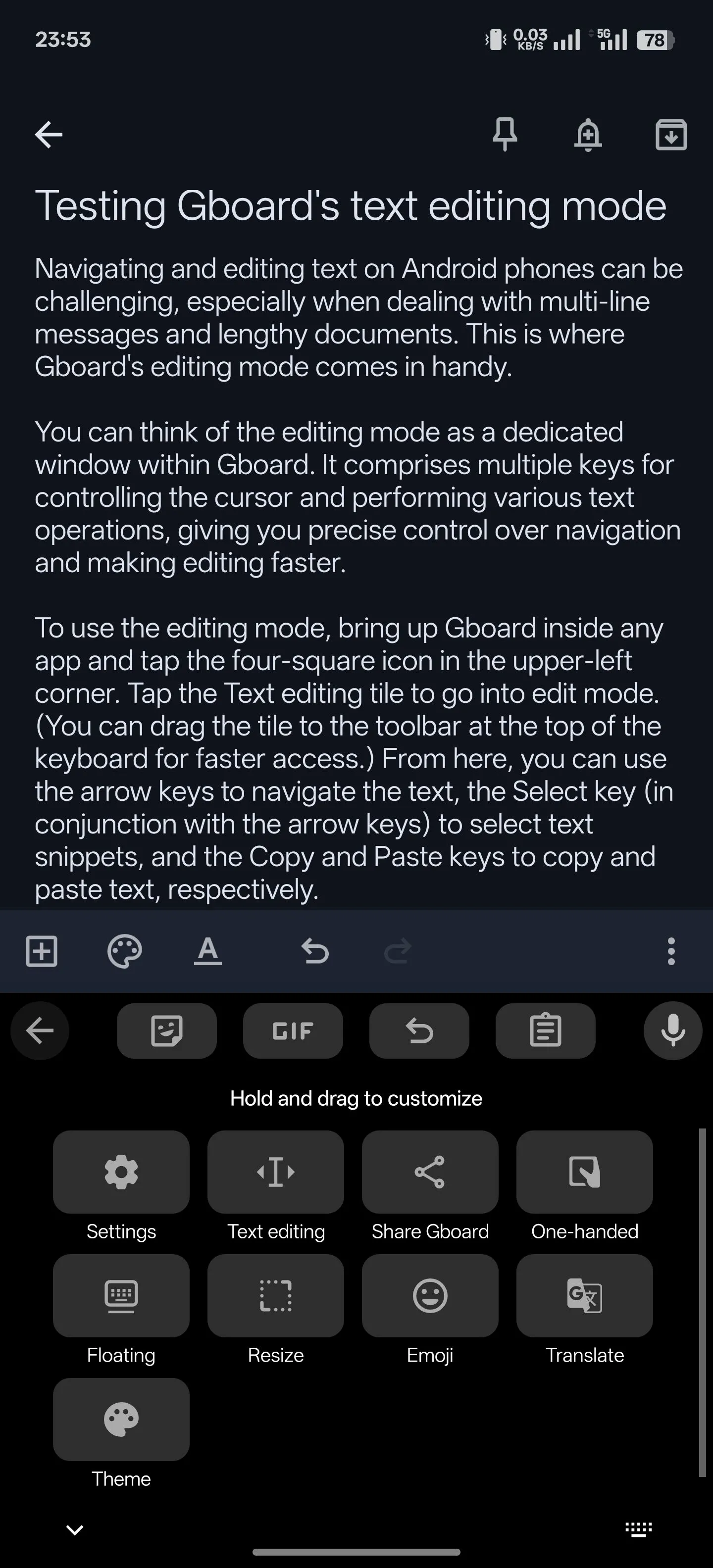 Giao diện Gboard với biểu tượng "Chỉnh sửa văn bản" được chọn để truy cập chế độ soạn thảo nâng cao.
