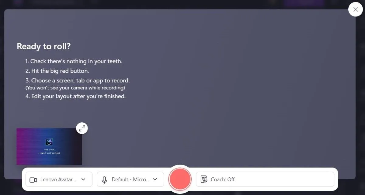 Giao diện ghi màn hình và webcam đồng thời trong Microsoft Clipchamp