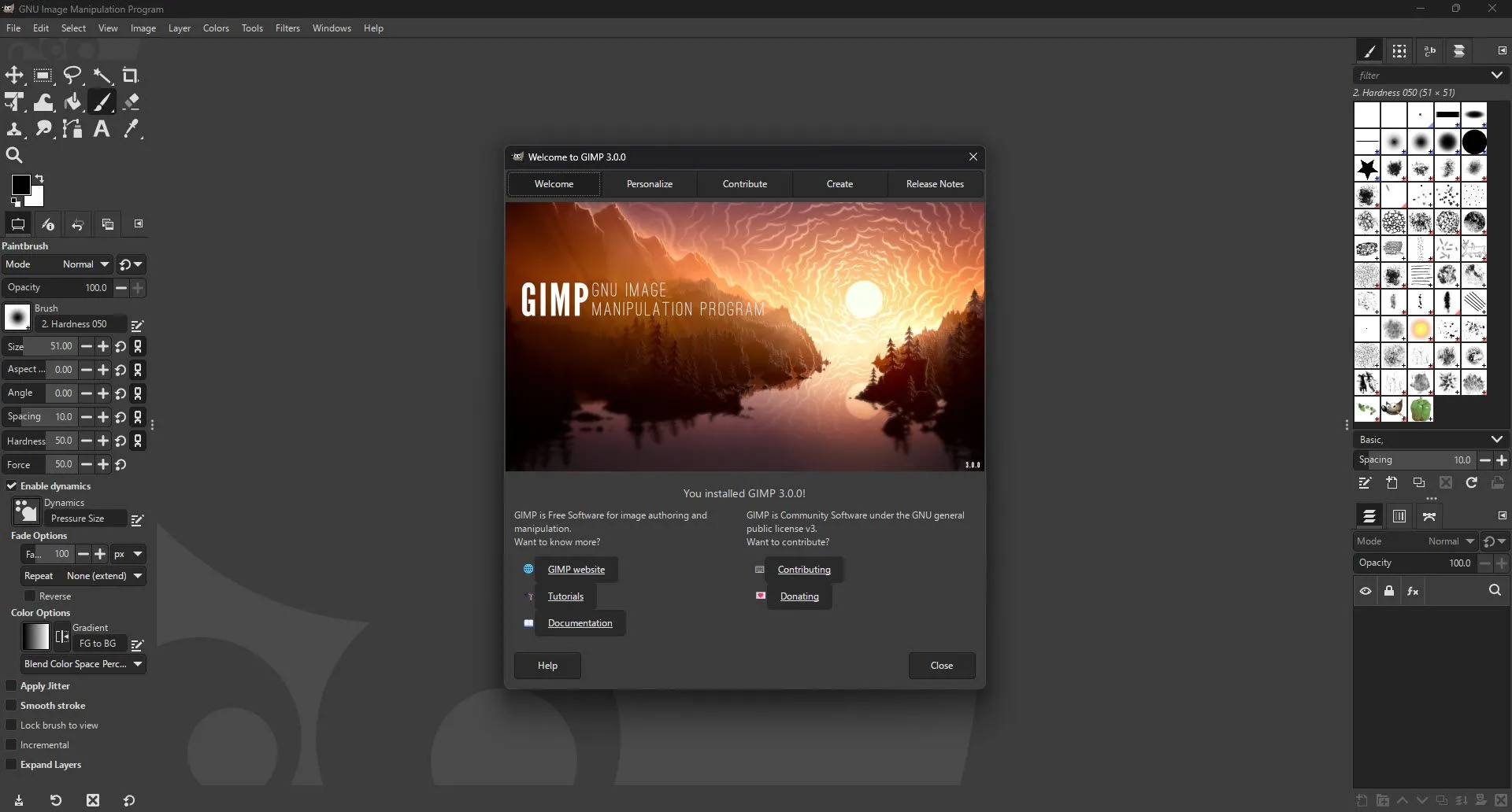 Giao diện GIMP 3.0 hiện đại với thanh công cụ bên trái và cửa sổ chỉnh sửa trung tâm