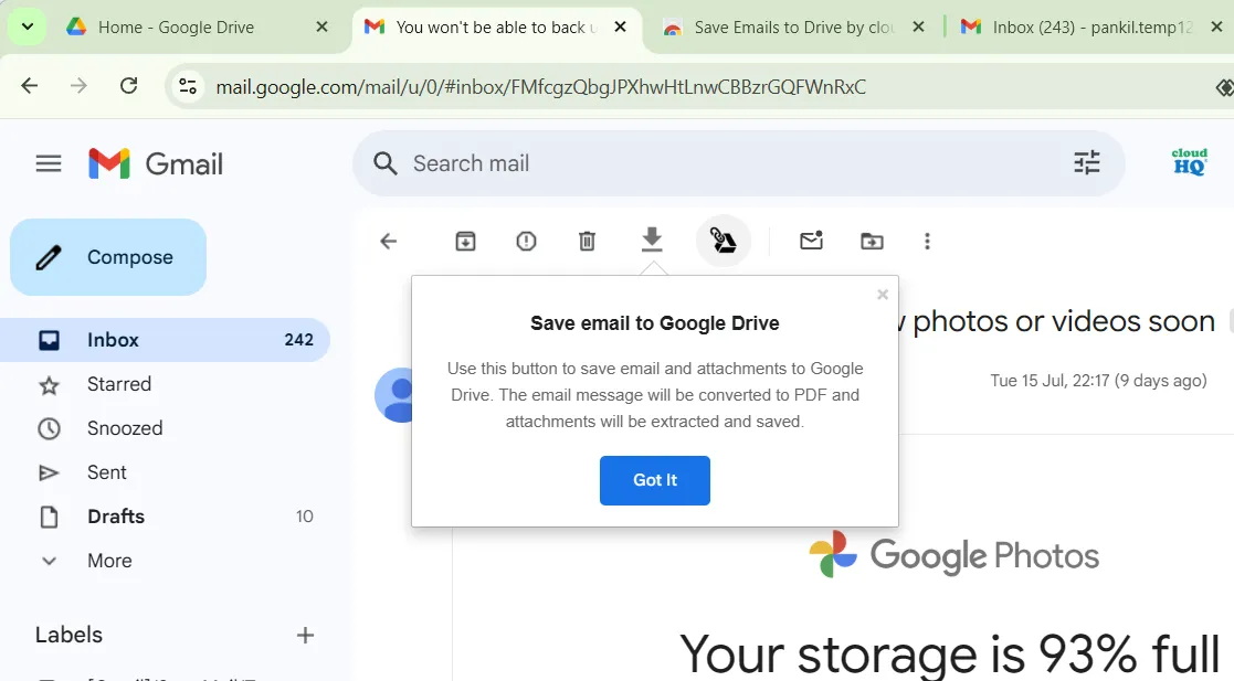 Giao diện Gmail hiển thị nút &quot;Save to Google Drive&quot; của tiện ích cloudHQ, cho phép lưu email và tệp đính kèm vào Google Drive