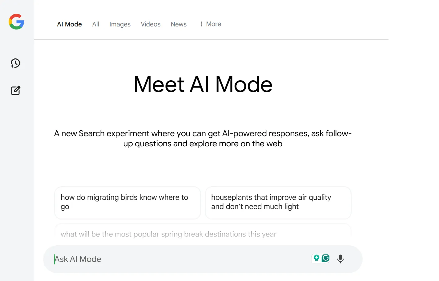 Giao diện Google AI Mode với khung trò chuyện và các câu hỏi mẫu gợi ý.