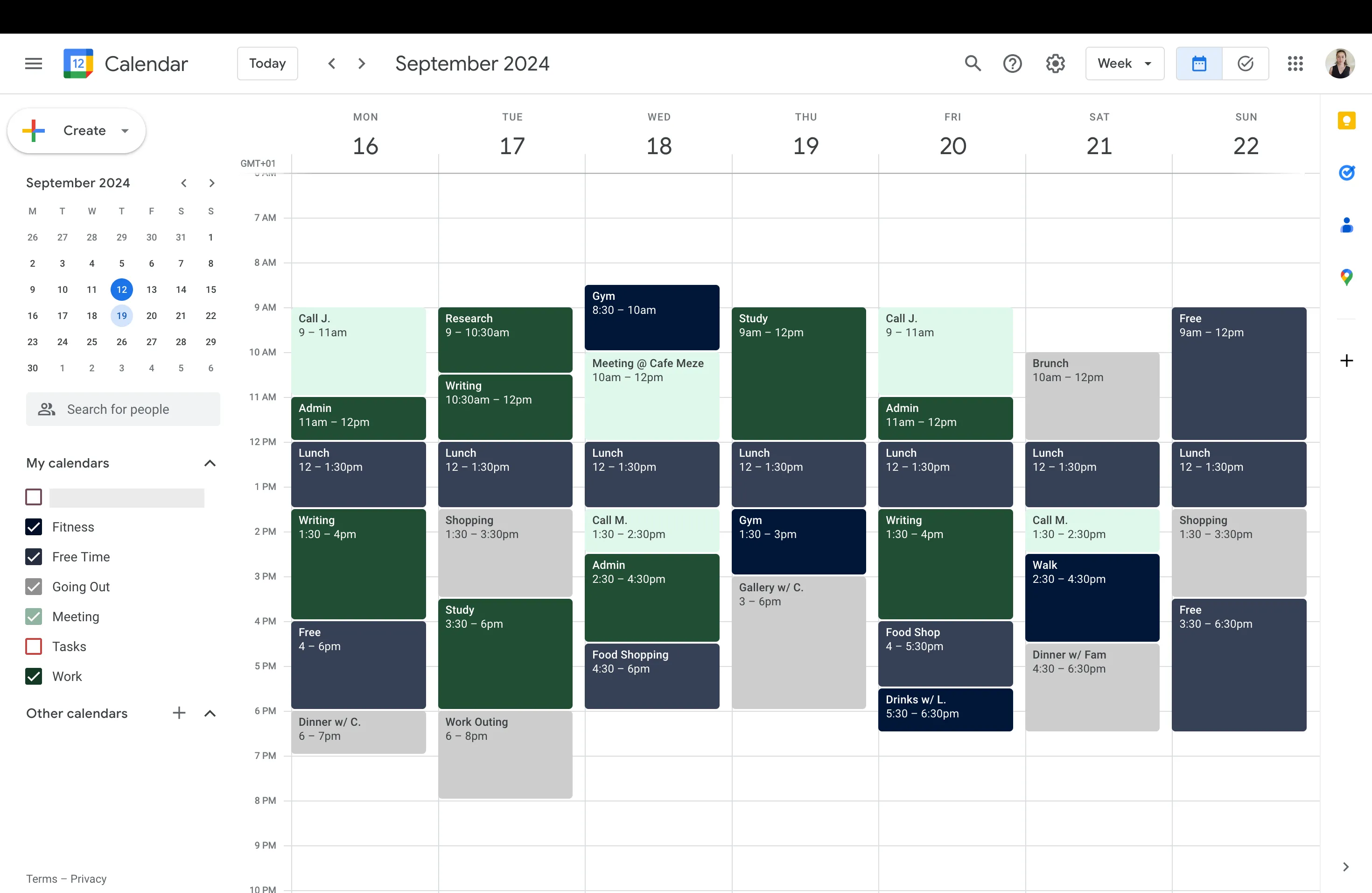 Giao diện Google Calendar được tùy chỉnh với tông màu tối, tạo cảm giác thẩm mỹ và dễ chịu.