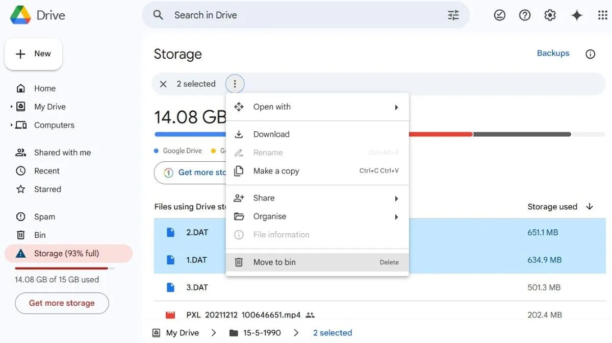 Giao diện Google Drive hiển thị các tệp tin được sắp xếp theo kích thước, giúp người dùng dễ dàng xác định và xóa các tệp lớn để giải phóng dung lượng.