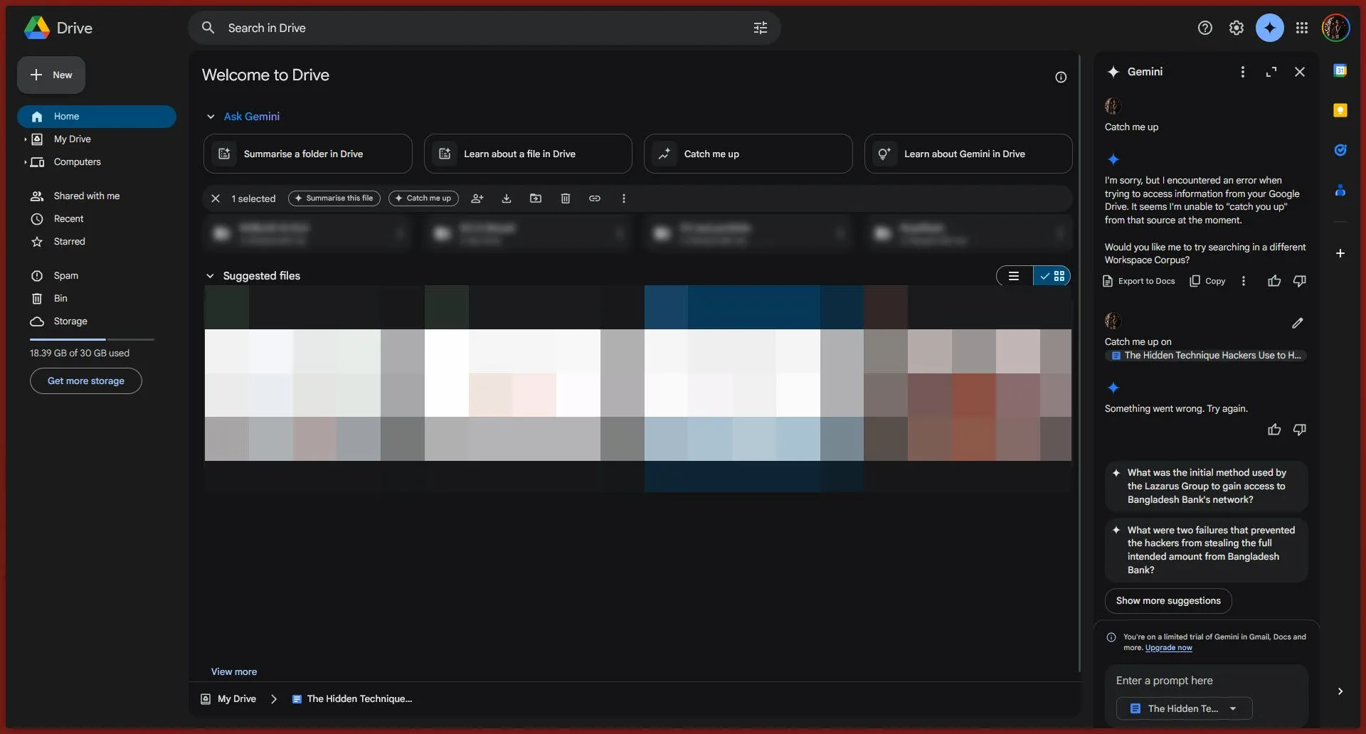 Giao diện Google Drive với tính năng Catch me up được tích hợp Gemini AI giúp tóm tắt thay đổi tài liệu nhanh chóng.