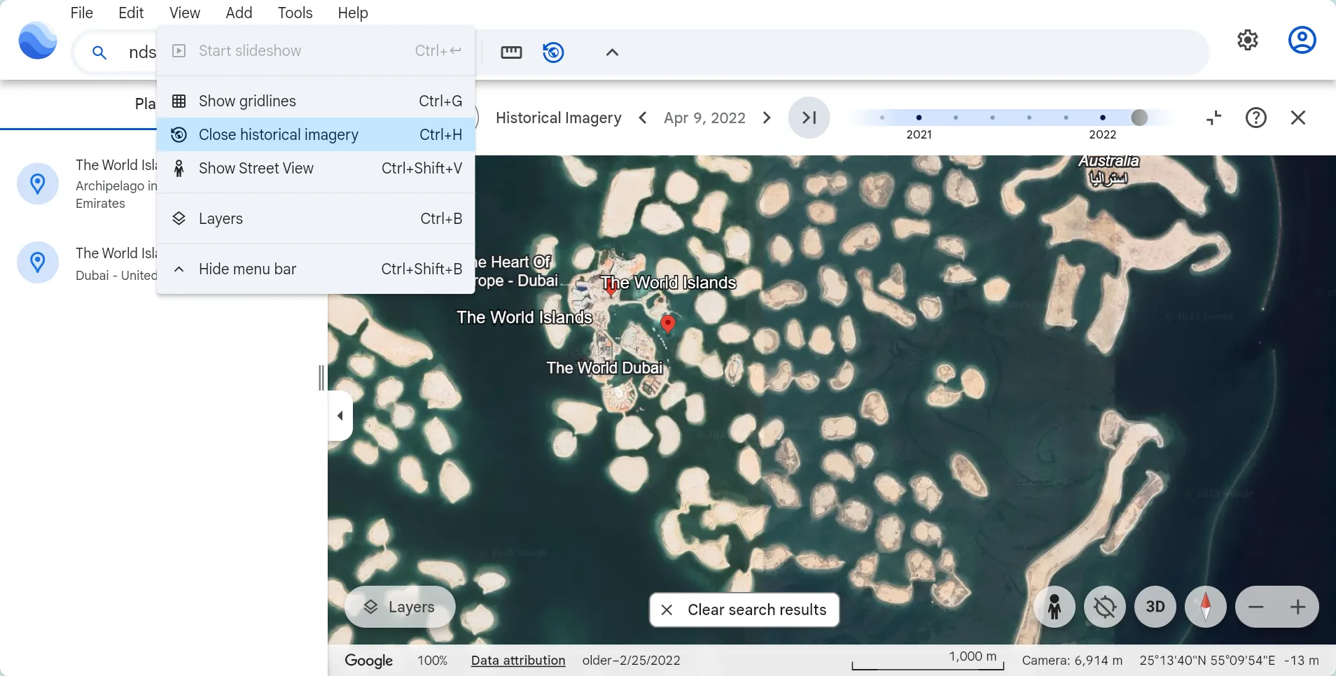 Giao diện Google Earth hiển thị hình ảnh Street View lịch sử với thanh trượt thời gian để xem sự thay đổi của một địa điểm qua các năm.