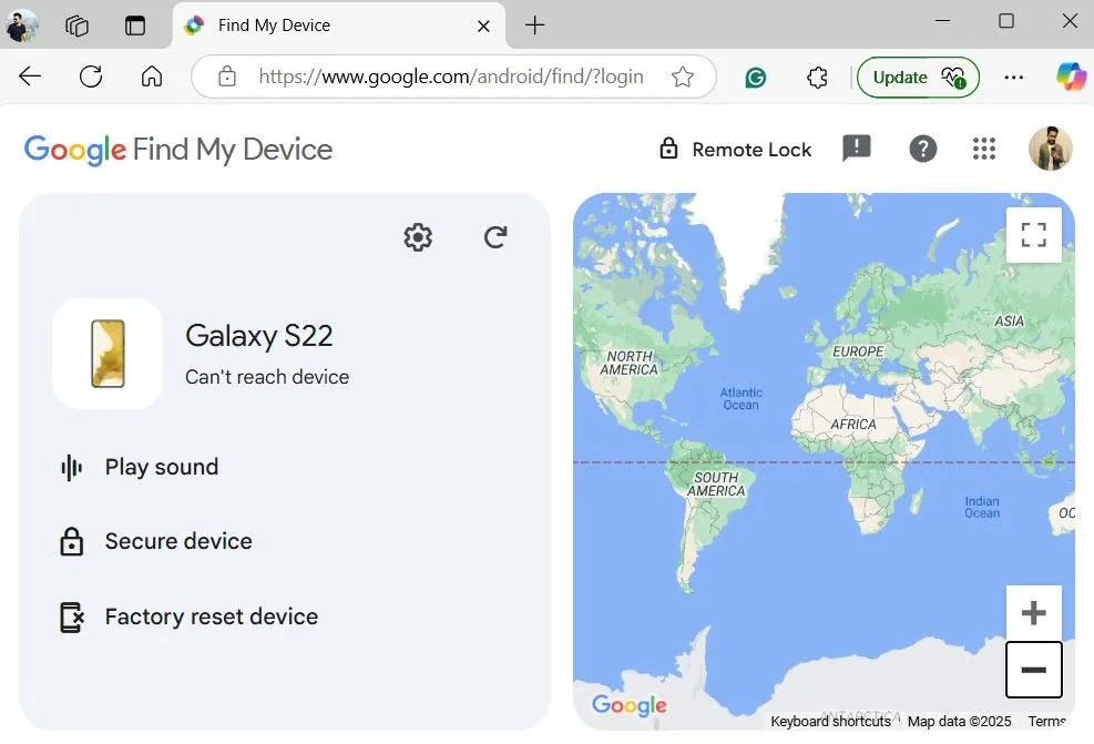 Giao diện Google Find My Device hiển thị lỗi không thể kết nối với thiết bị Samsung khi điện thoại mất mạng.