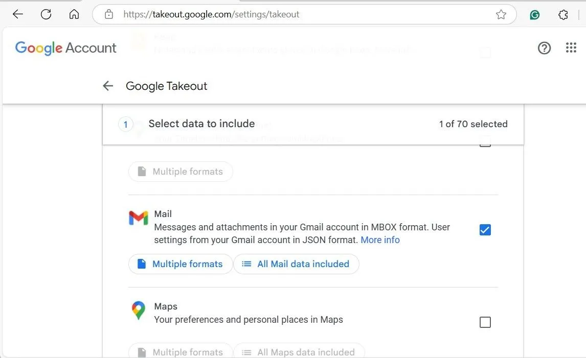Giao diện Google Takeout với tùy chọn Mail Gmail được chọn để tải dữ liệu