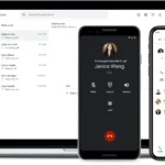 Giao diện Google Voice trên nhiều thiết bị di động và máy tính, minh họa khả năng gọi điện và nhắn tin.