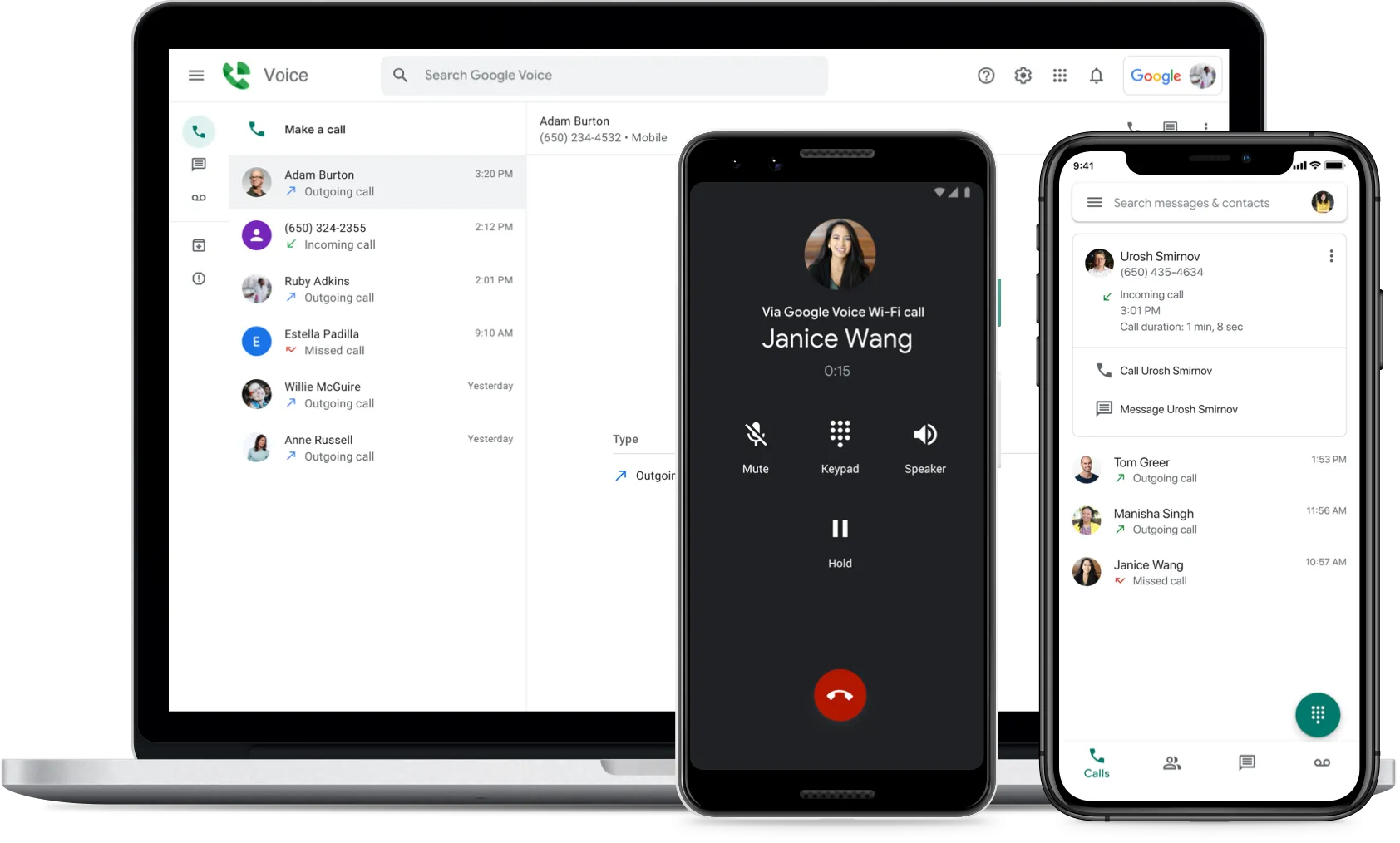 Giao diện Google Voice trên nhiều thiết bị di động và máy tính, minh họa khả năng gọi điện và nhắn tin.
