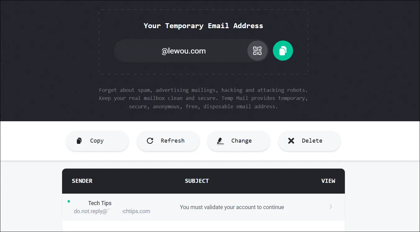 Giao diện hộp thư đến của Temp-Mail hiển thị các email tạm thời