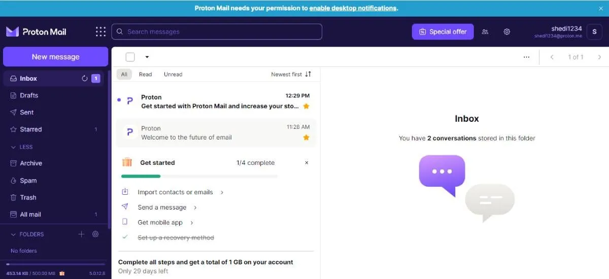 Giao diện hộp thư Proton Mail tinh tế và hiện đại với bố cục gọn gàng