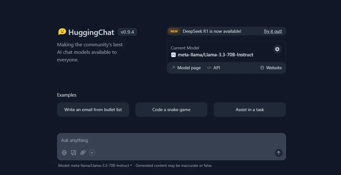 Giao diện HuggingChat trên HuggingFace, minh họa một trong các nền tảng AI bên thứ ba giúp người dùng tương tác với mô hình ngôn ngữ mà không lo lắng về tính năng ghi nhớ mặc định của ChatGPT.