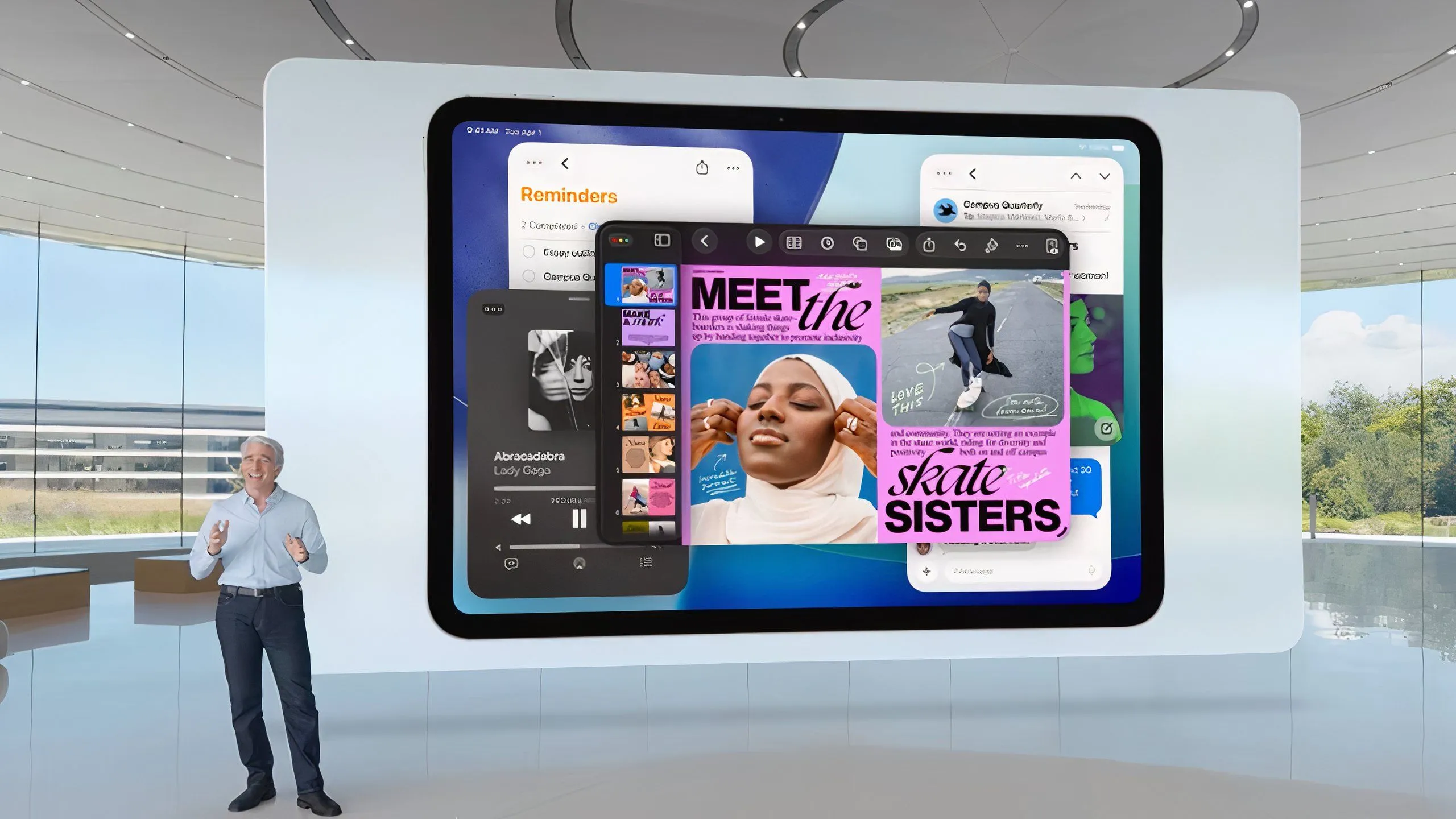 Giao diện iPadOS 26 với tính năng đa nhiệm mới, hiển thị các cửa sổ ứng dụng linh hoạt trên màn hình iPad