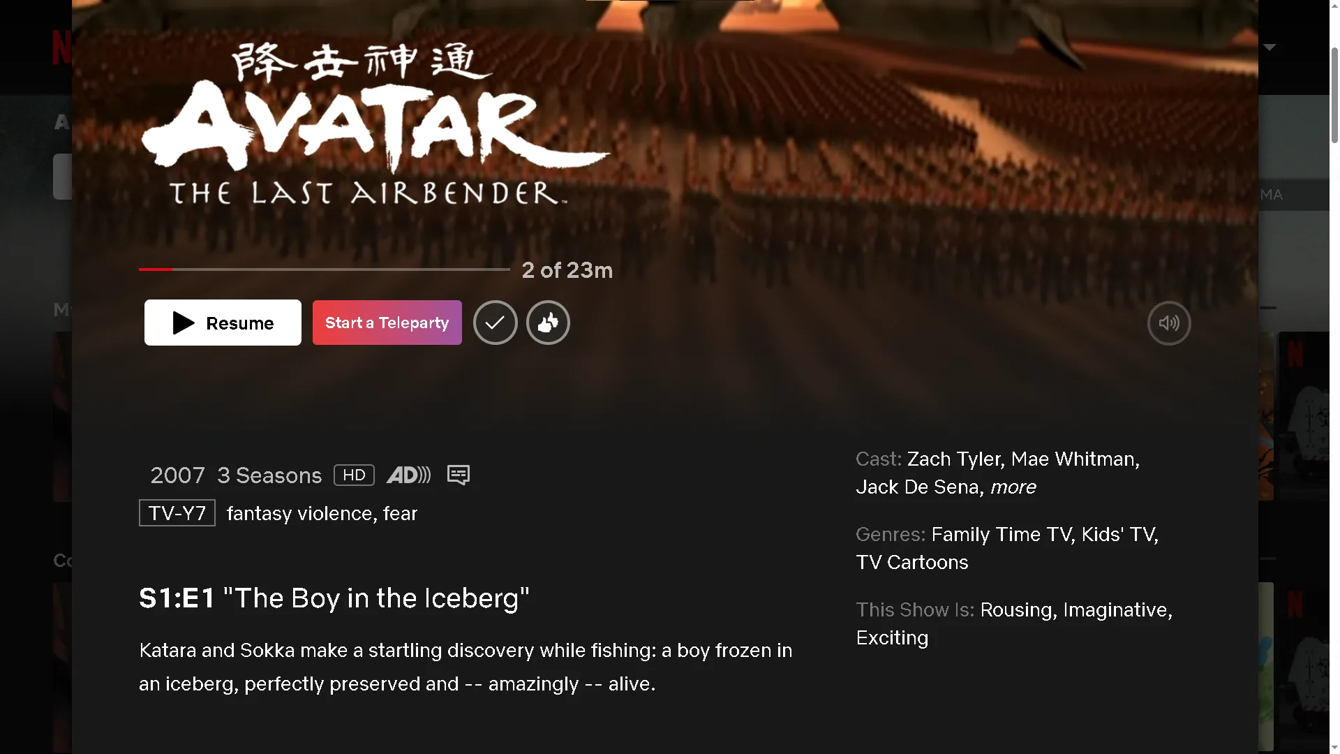 Giao diện khởi tạo phòng xem phim Teleparty trên Netflix với bộ phim Avatar The Last Airbender, hiển thị nút bắt đầu watch party và tùy chọn chỉ chủ phòng kiểm soát phát lại.