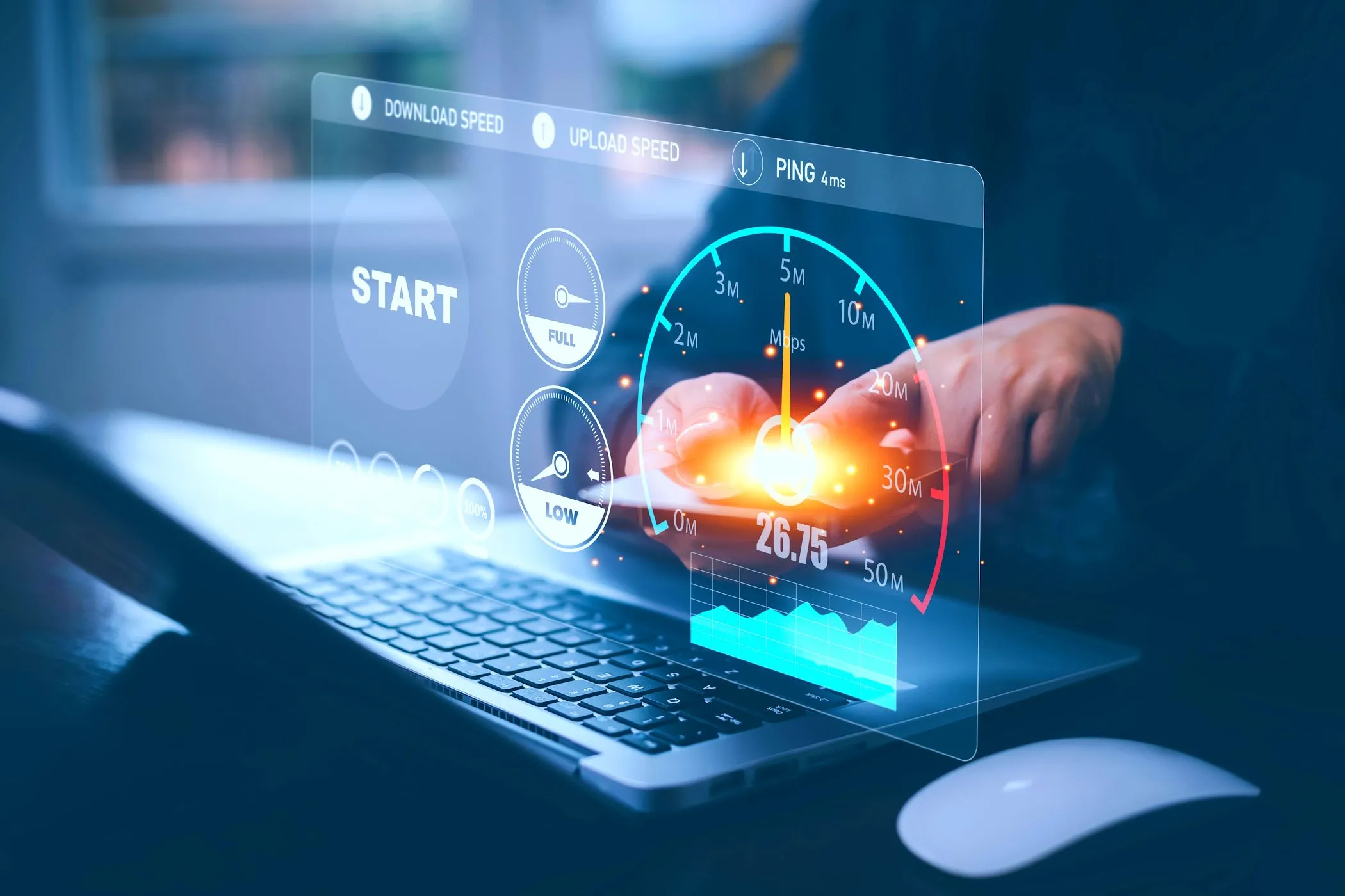 Giao diện kiểm tra tốc độ internet trên máy tính xách tay, thể hiện sự biến động của kết nối 5G