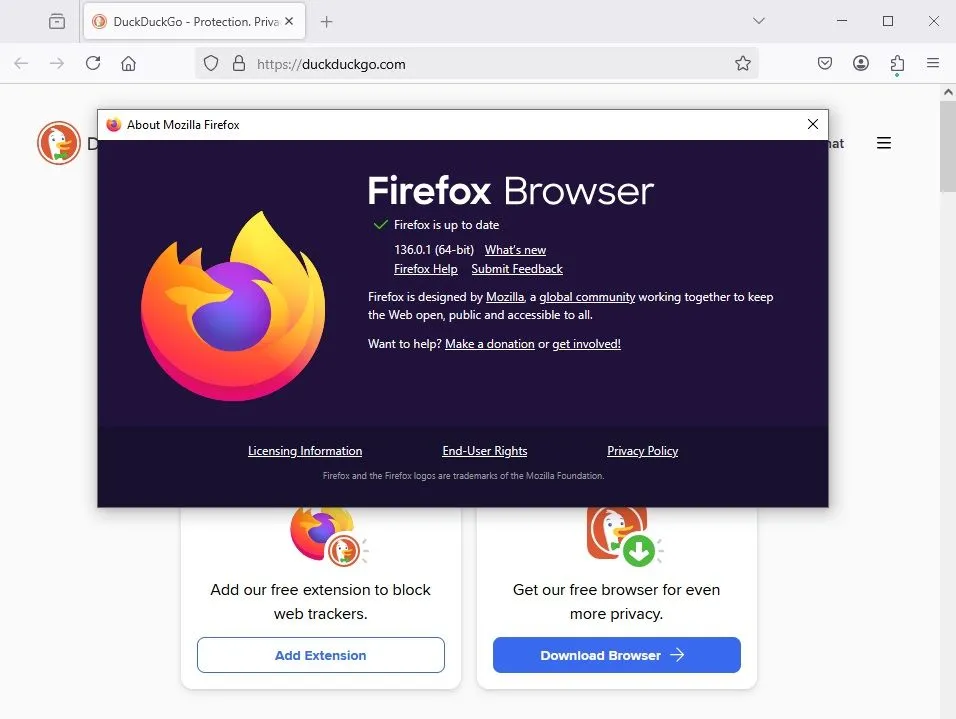 Giao diện kiểm tra và cập nhật Firefox thông qua mục "Giới thiệu về Firefox"