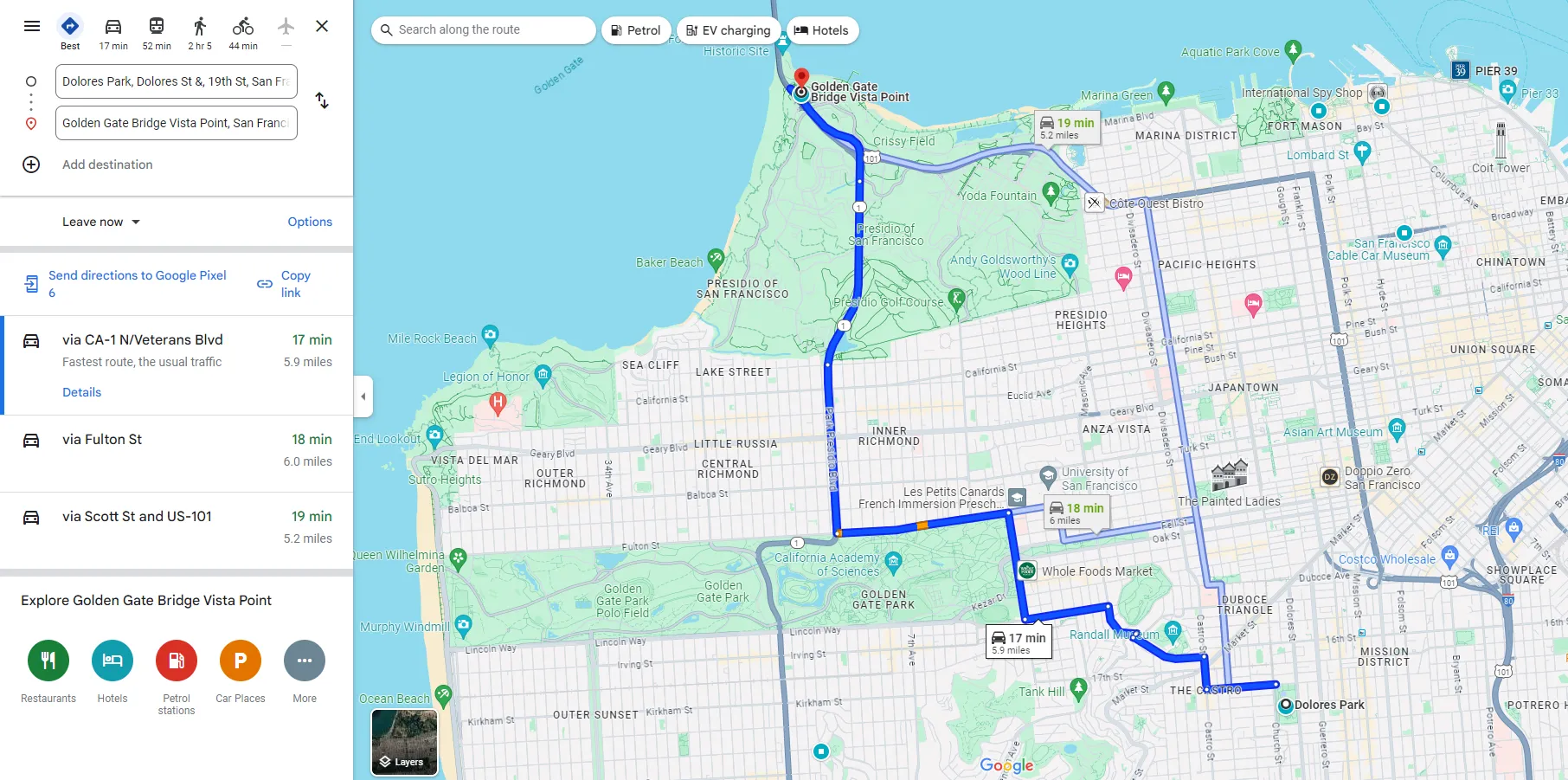 Giao diện lập kế hoạch tuyến đường từ điểm A đến B trên Google Maps, hiển thị các tùy chọn di chuyển