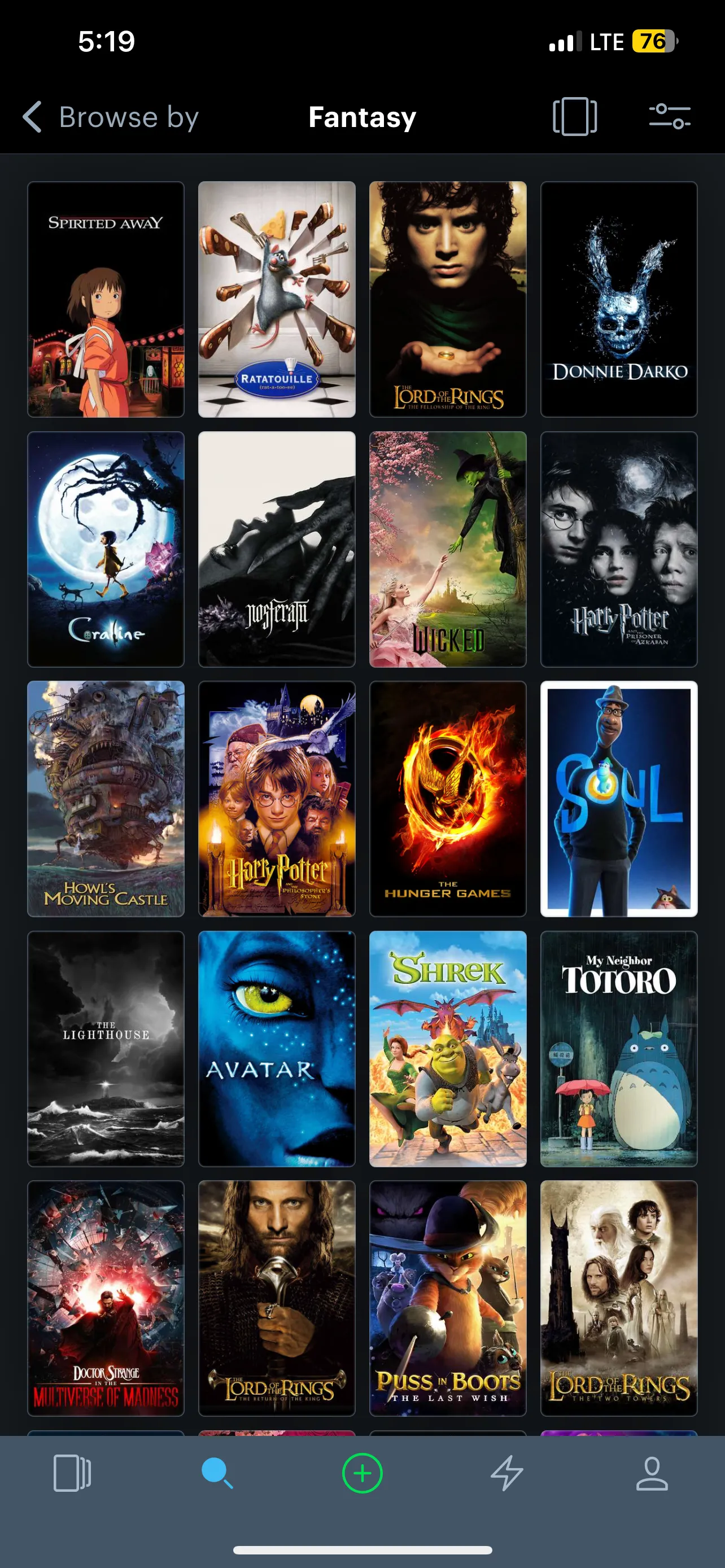 Giao diện Letterboxd hiển thị danh sách phim giả tưởng, bao gồm Avatar và Spirited Away, minh họa khả năng khám phá phim theo thể loại.