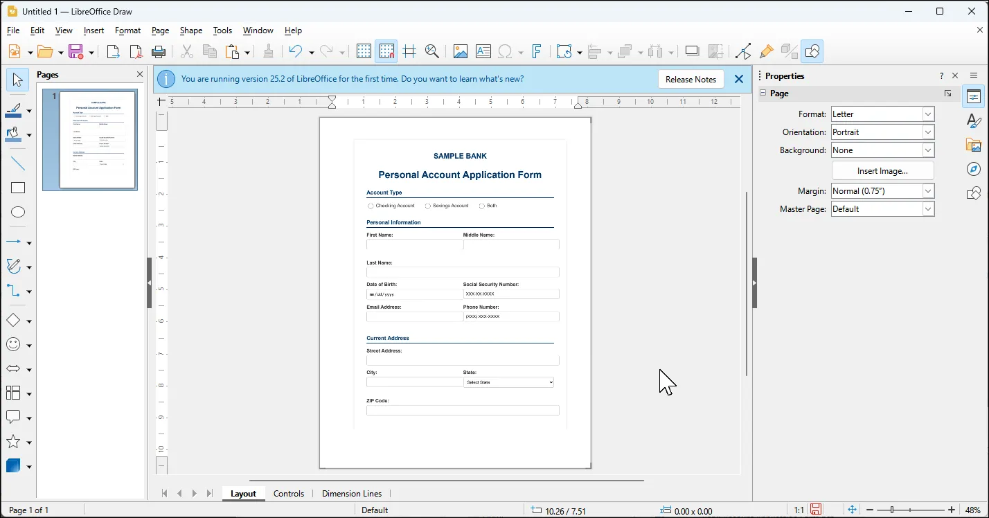 Giao diện LibreOffice Draw đang chỉnh sửa tài liệu PDF với các công cụ đồ họa và văn bản