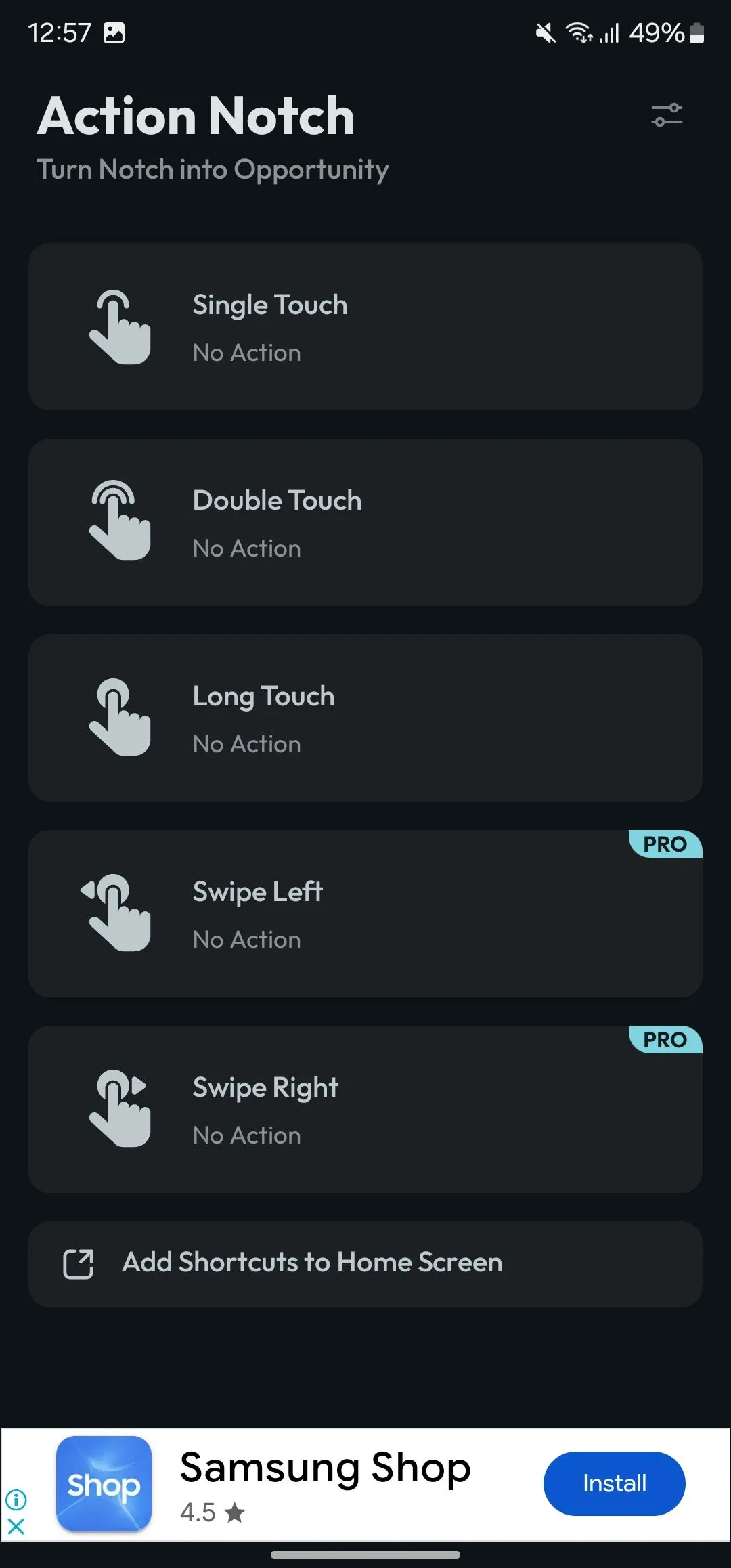 Giao diện lựa chọn cử chỉ (Single Touch) và hành động cuộn lên đầu trang trong Action Notch