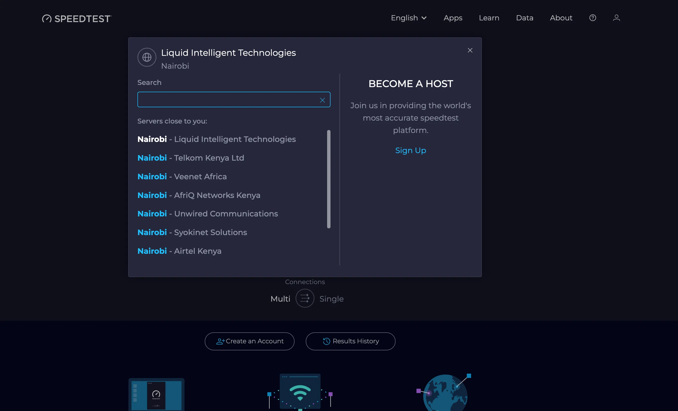 Giao diện lựa chọn máy chủ kiểm tra tốc độ trên Ookla Speedtest, một yếu tố quan trọng ảnh hưởng đến kết quả đo.