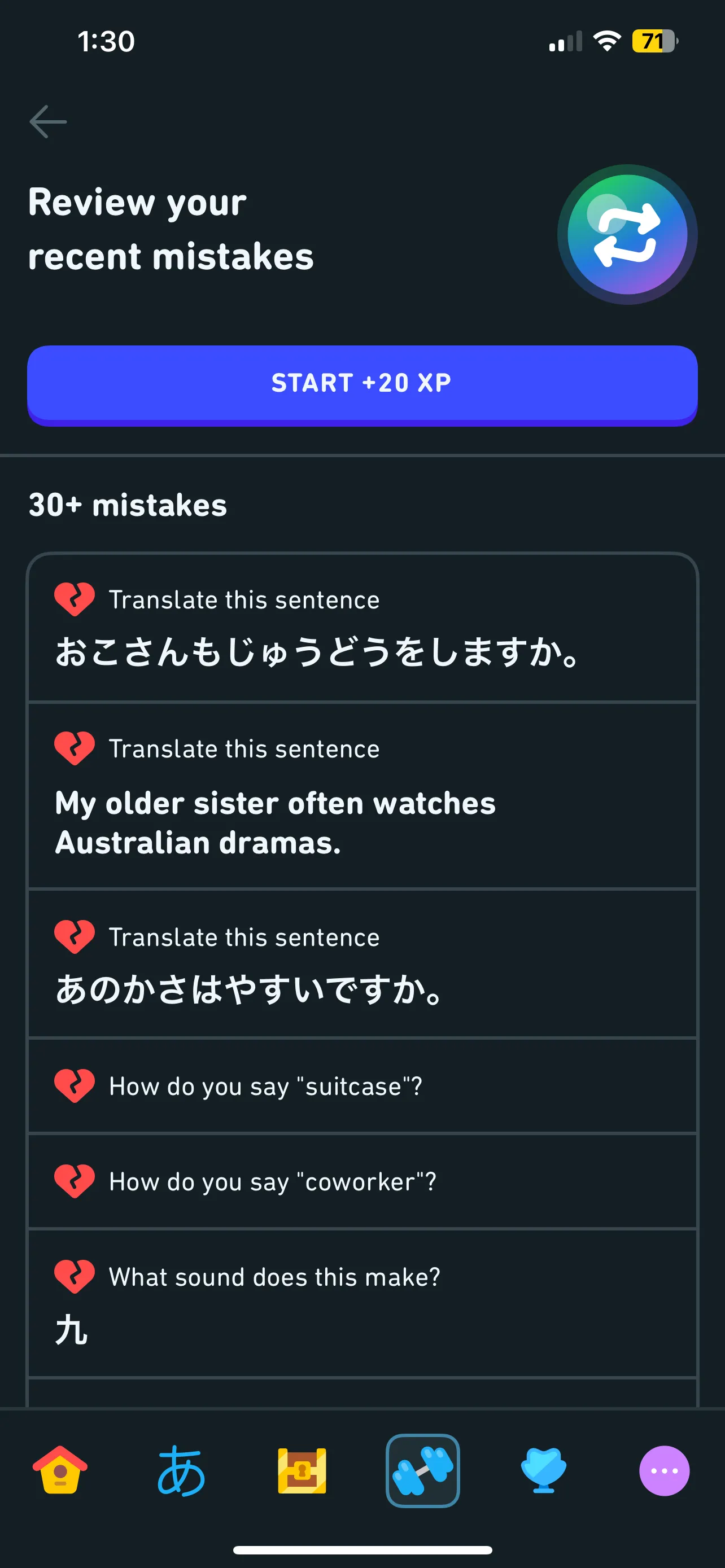 Giao diện luyện tập cá nhân hóa của Duolingo hiển thị 30 lỗi sai gần đây nhất của người dùng