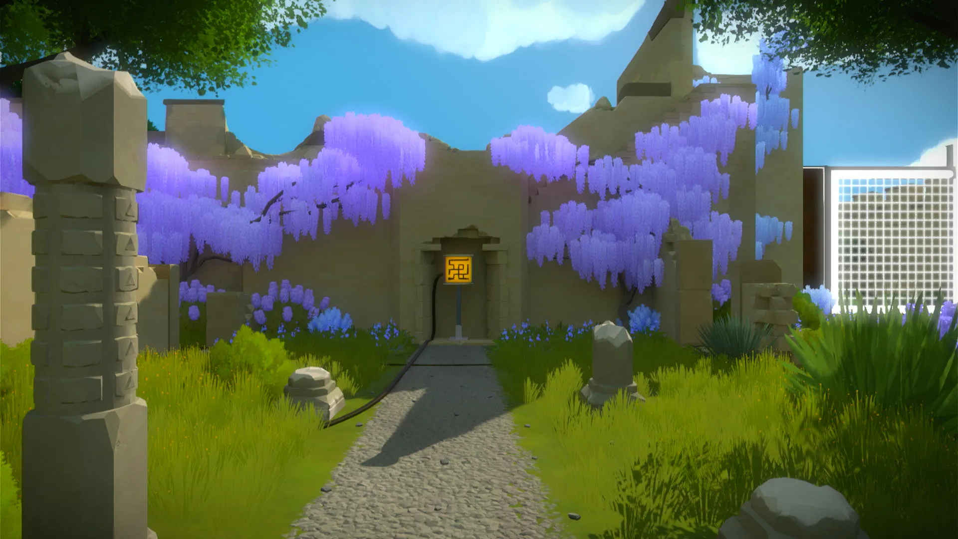 Giao diện màn chơi khởi đầu của tựa game giải đố The Witness trên hệ máy PS4, minh họa kỹ năng giải quyết vấn đề.