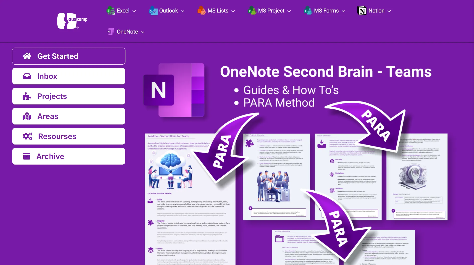 Giao diện mẫu template OneNote Second Brain của Auscomp