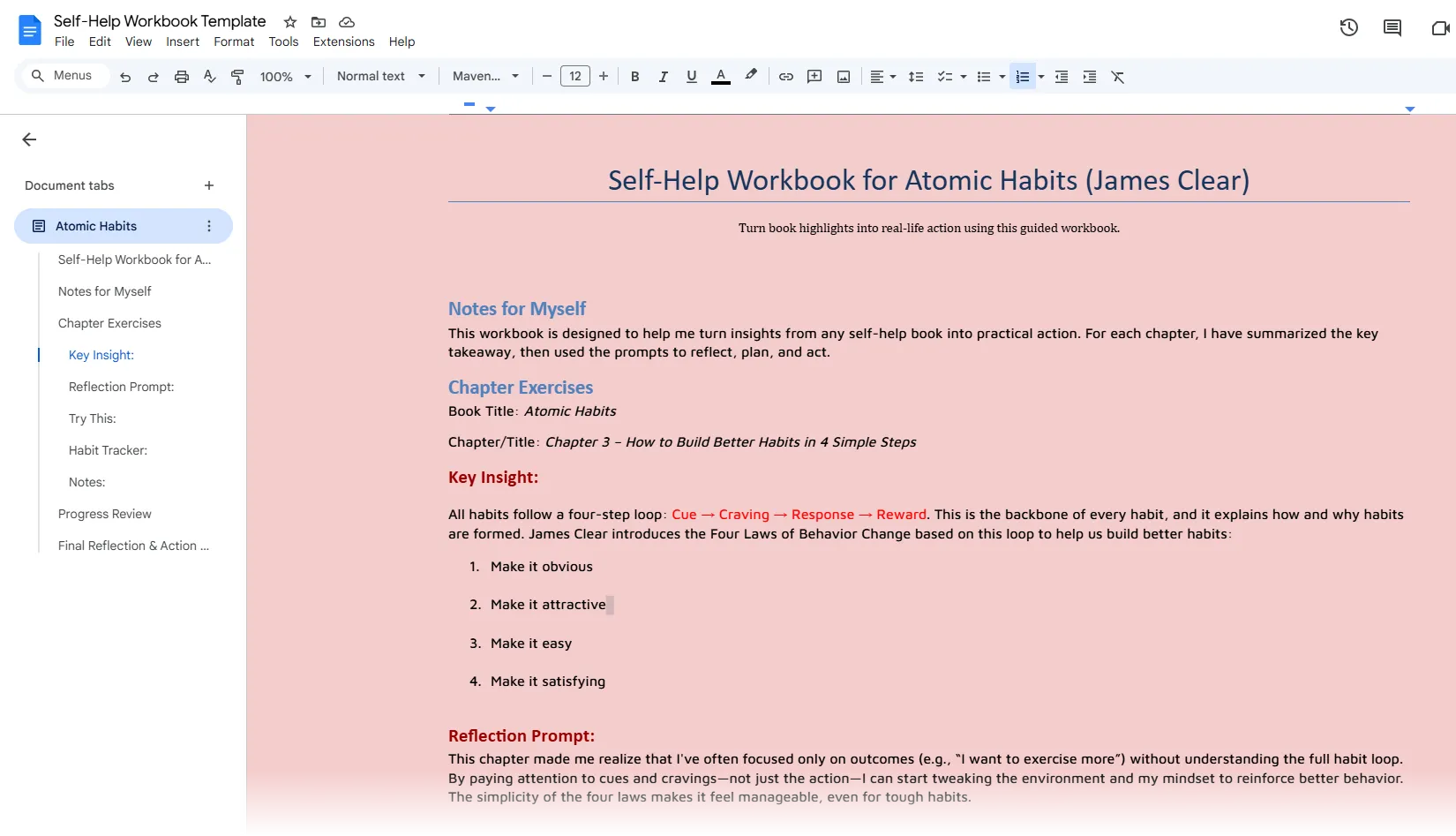 Giao diện mẫu workbook tự lực tạo bằng Google Docs với các bài tập và mục theo dõi tiến độ