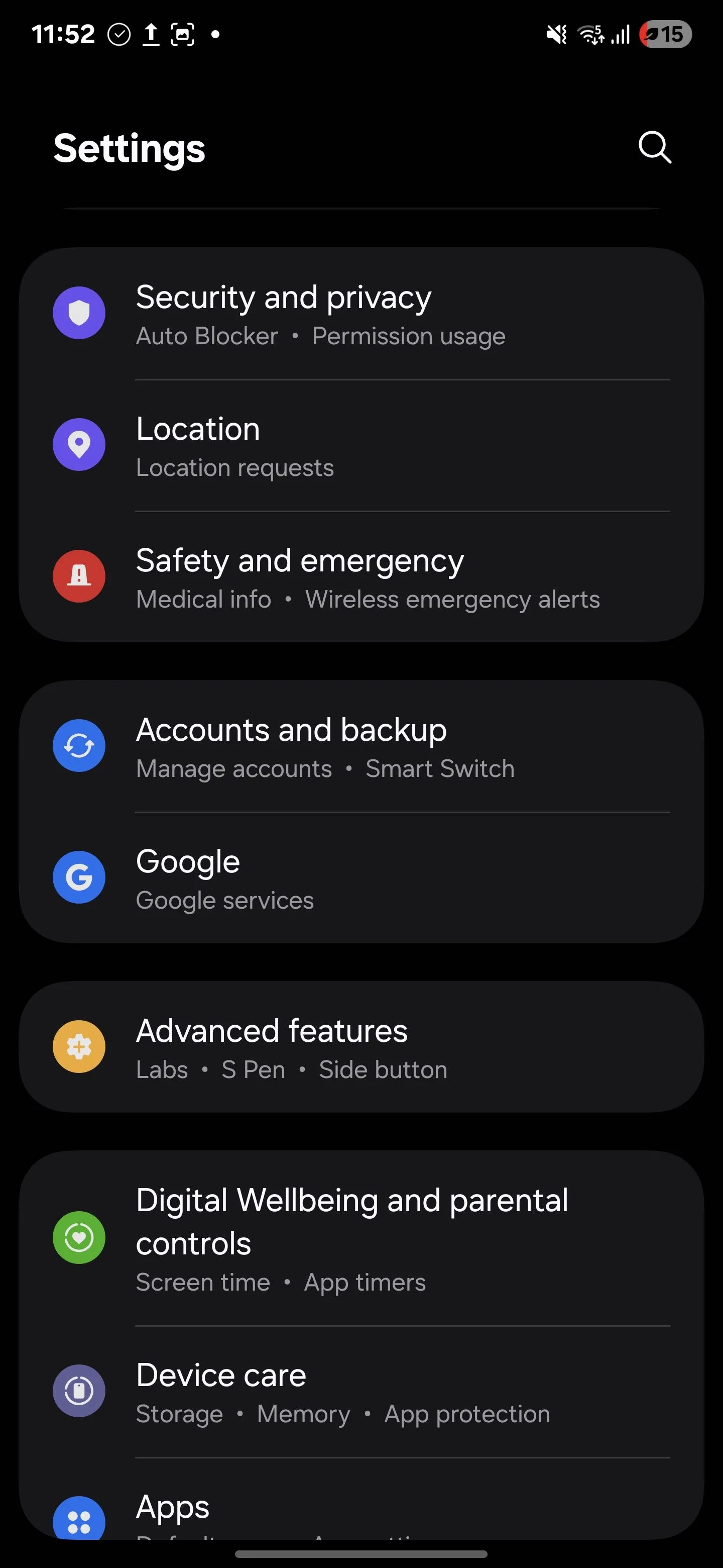 Giao diện menu Cài đặt (Settings) trên Samsung S25, nơi bạn có thể tìm thấy các tùy chọn về vị trí