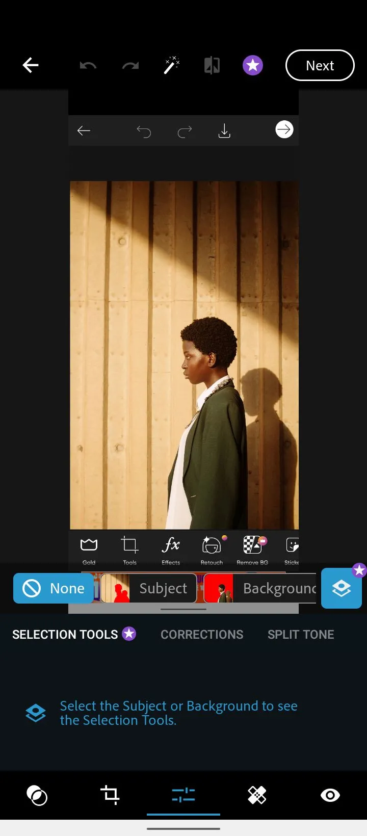 Giao diện menu chỉnh sửa của Adobe Photoshop Express trên di động, hiển thị các công cụ và tùy chọn cơ bản dành cho người dùng phổ thông
