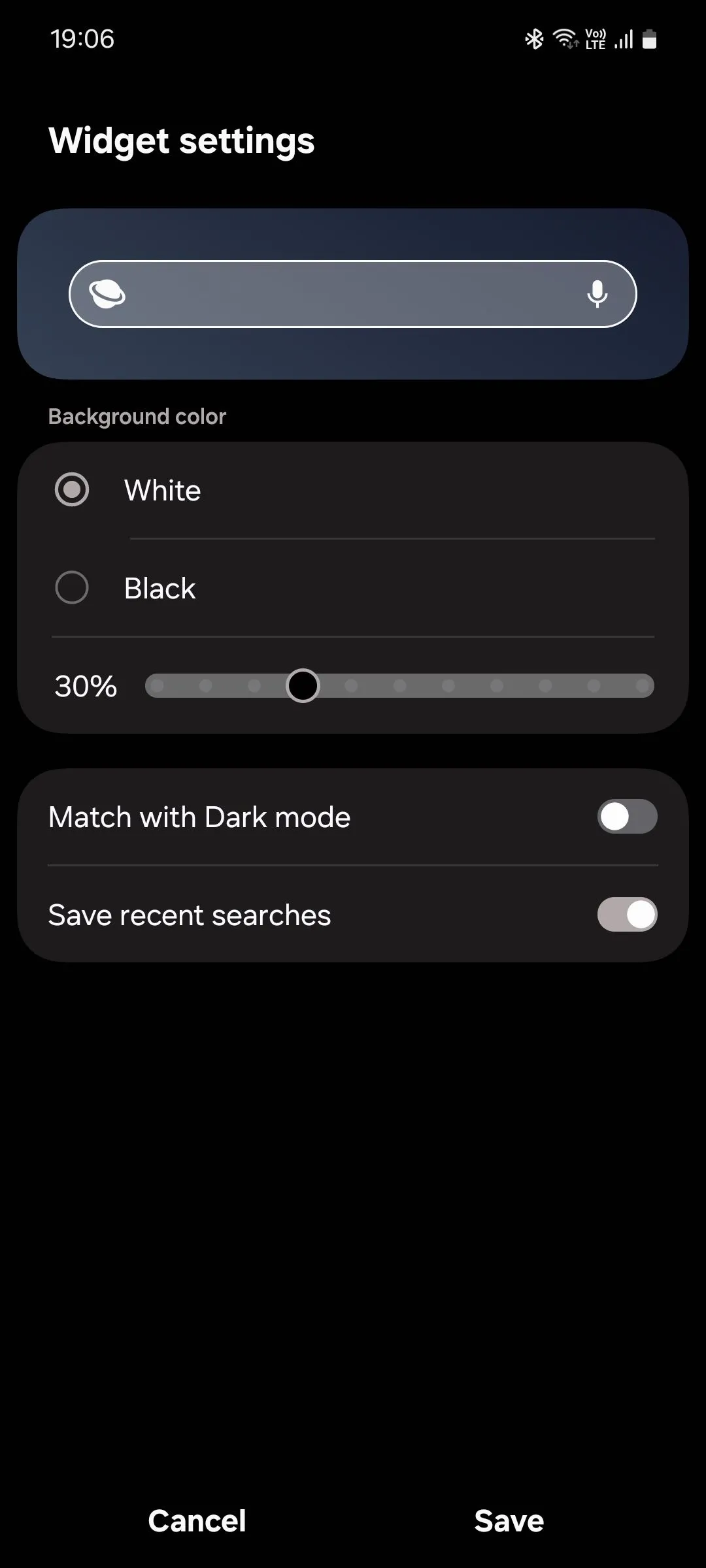 Giao diện menu tùy chỉnh widget tìm kiếm của Samsung Internet với các tùy chọn
