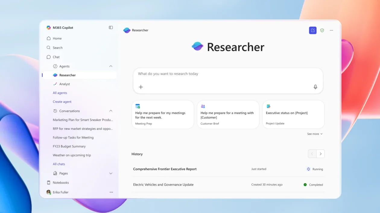 Giao diện Microsoft 365 Copilot hiển thị các tác nhân AI Researcher và Analyst, minh họa khả năng hỗ trợ nghiên cứu và phân tích dữ liệu chuyên sâu.