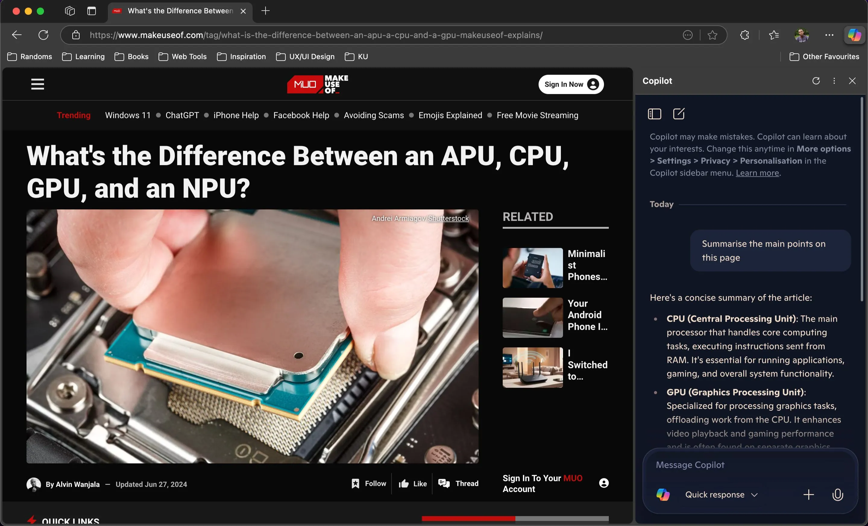 Giao diện Microsoft Edge với Copilot AI sidebar đang mở hiển thị tóm tắt bài viết