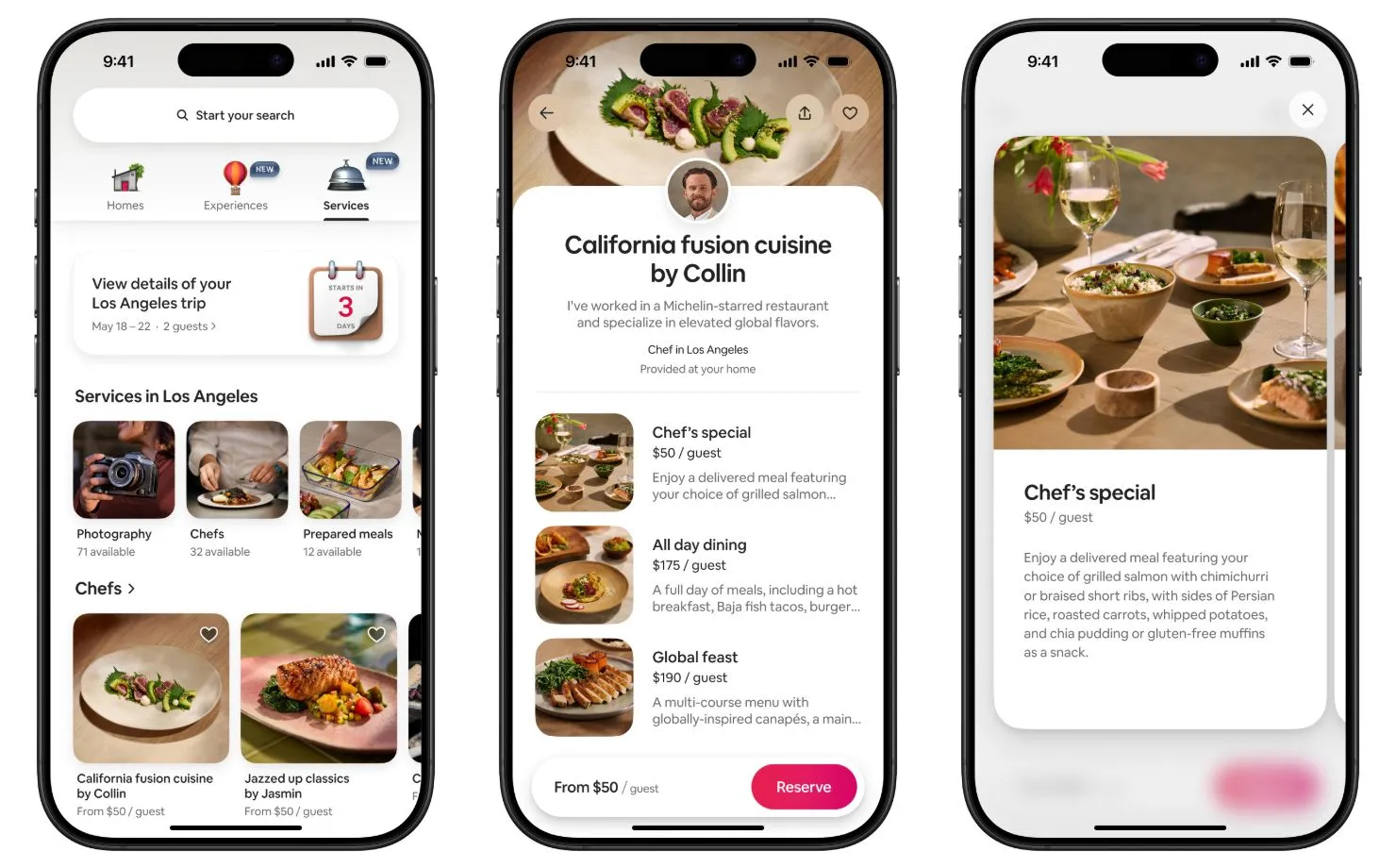 Giao diện minh họa các Dịch vụ Airbnb (Airbnb Services) mới bao gồm đầu bếp riêng, spa và huấn luyện viên cá nhân