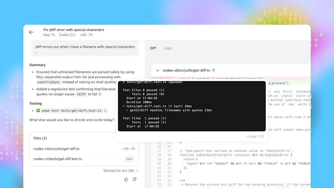 Giao diện minh họa công cụ OpenAI Codex thực hiện kiểm tra mã nguồn, tăng cường khả năng lập trình của ChatGPT.