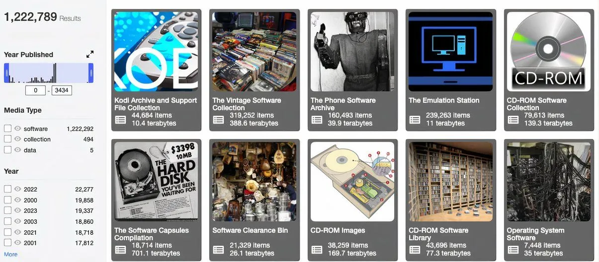 Giao diện mục Phần mềm trên Internet Archive, hiển thị các lựa chọn game và phần mềm cổ điển