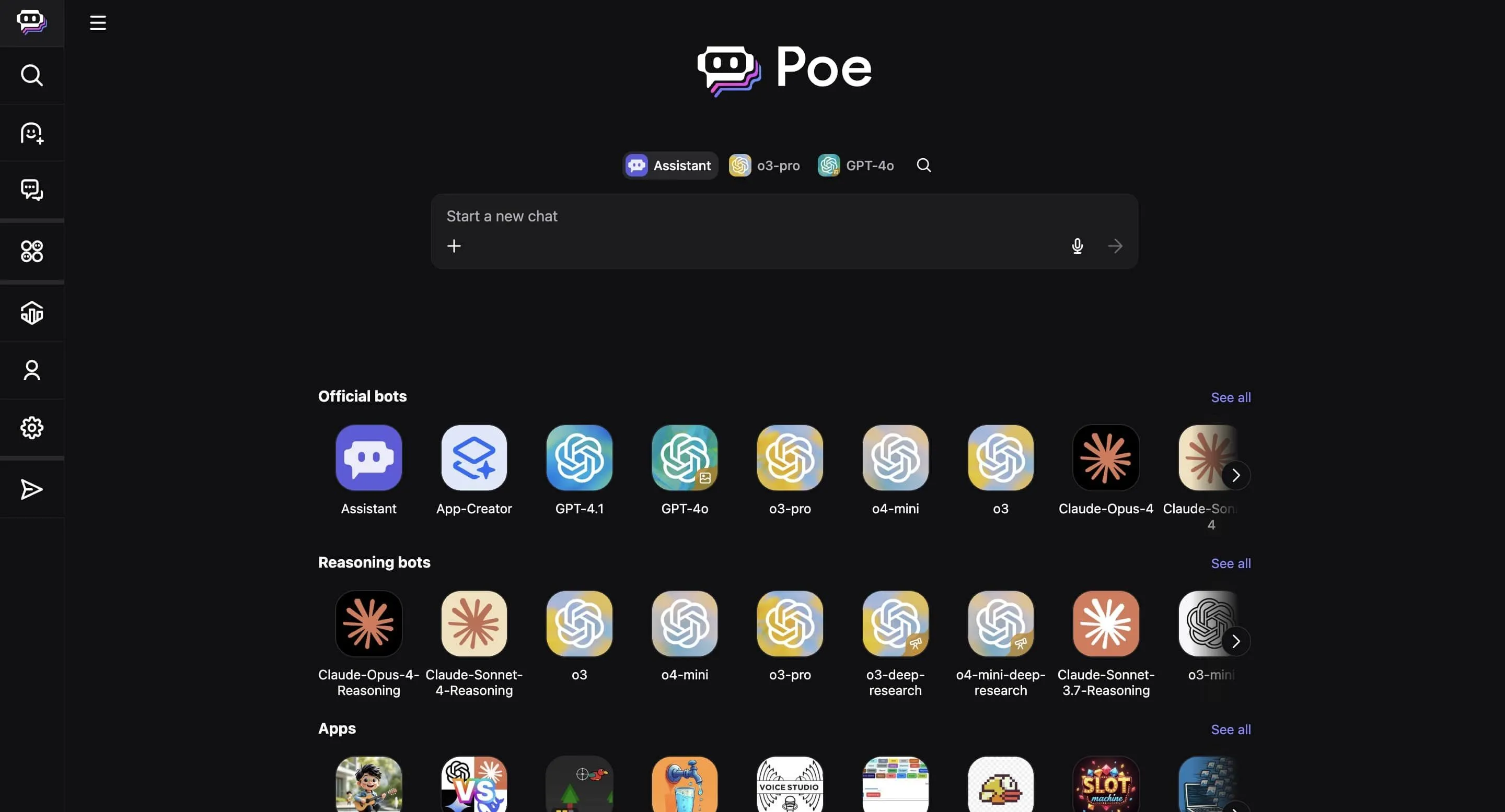 Giao diện nền tảng Poe AI trên máy tính, hiển thị các mô hình chatbot đa dạng như GPT-4o, Claude Opus và Gemini