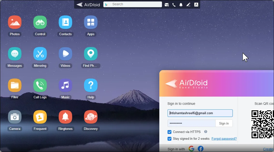 Giao diện nền web của ứng dụng AirDroid, cho phép người dùng quản lý và điều khiển điện thoại Android từ trình duyệt máy tính