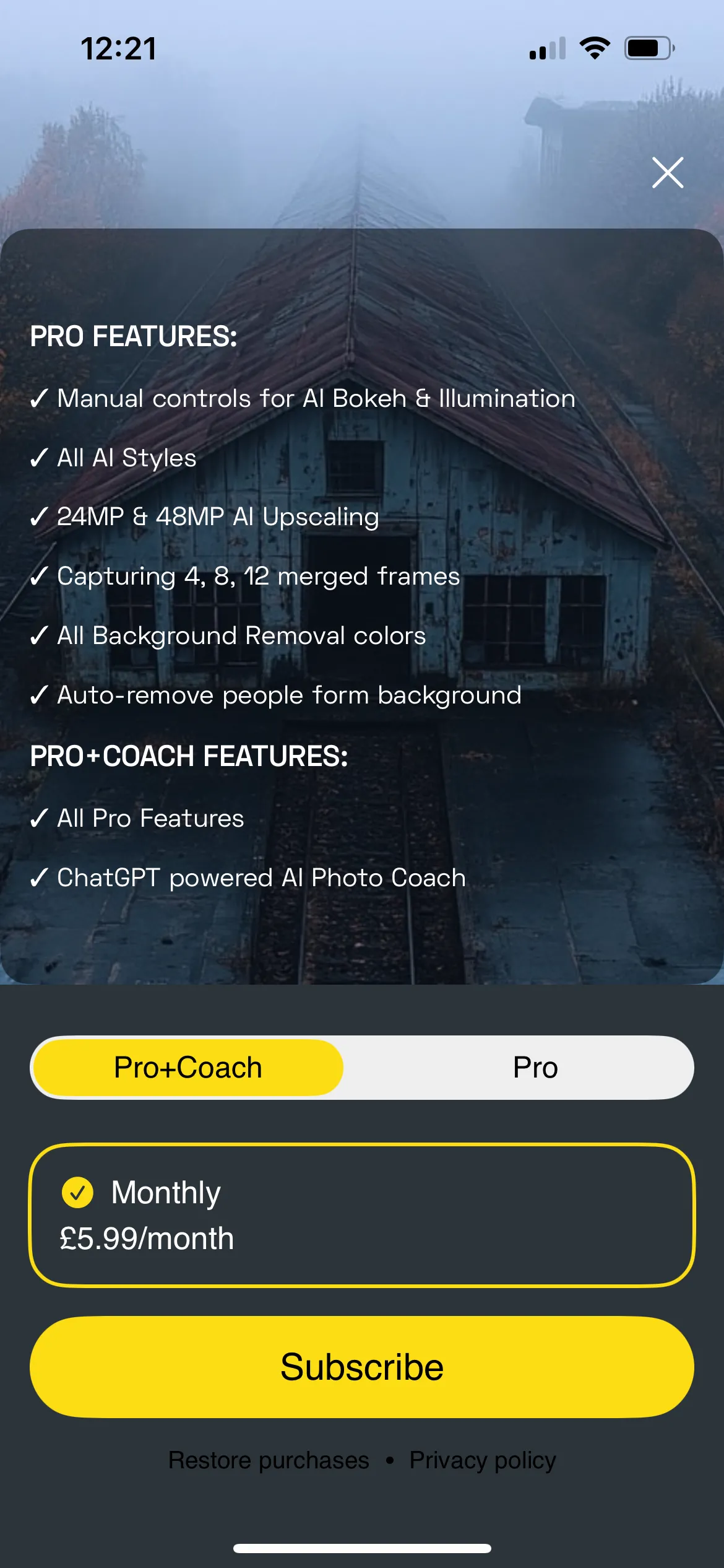 Giao diện NeuralCam Pro hiển thị các tính năng nâng cao và tùy chọn PhotoCoach, cho phép kiểm soát nhiếp ảnh chuyên sâu.