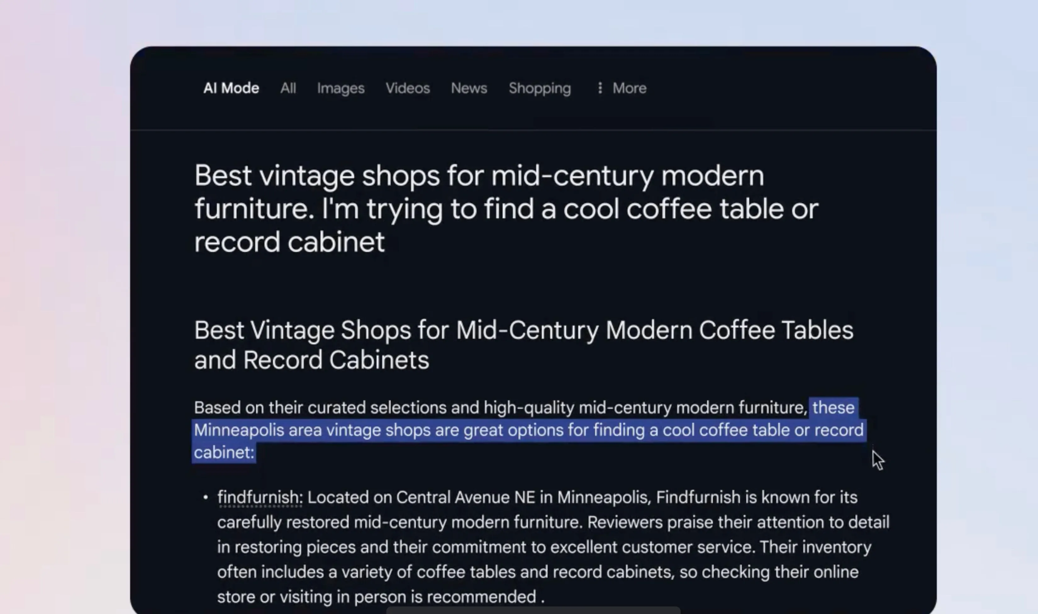 Giao diện người dùng của Chế độ Tìm kiếm AI trên Google, minh họa cách thức hoạt động của tính năng tìm kiếm AI mới.